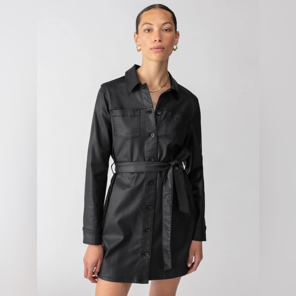 NWT (XS) SANCTUARY Coated Denim Dress Black Belt Pockets - Size XS